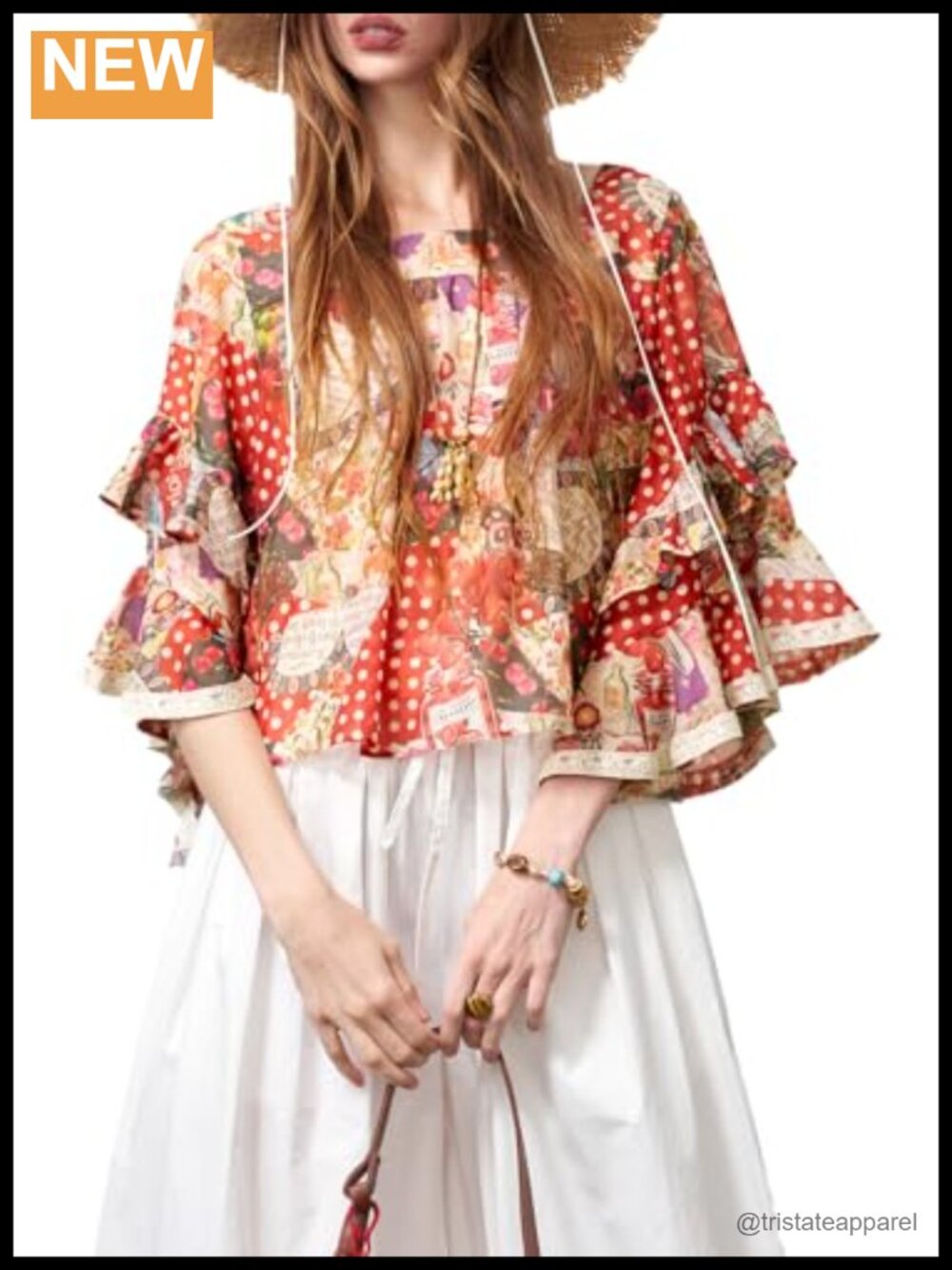 Women's Ruffle Sleeve Square Neck Crop Blouse Flowy Bohemian